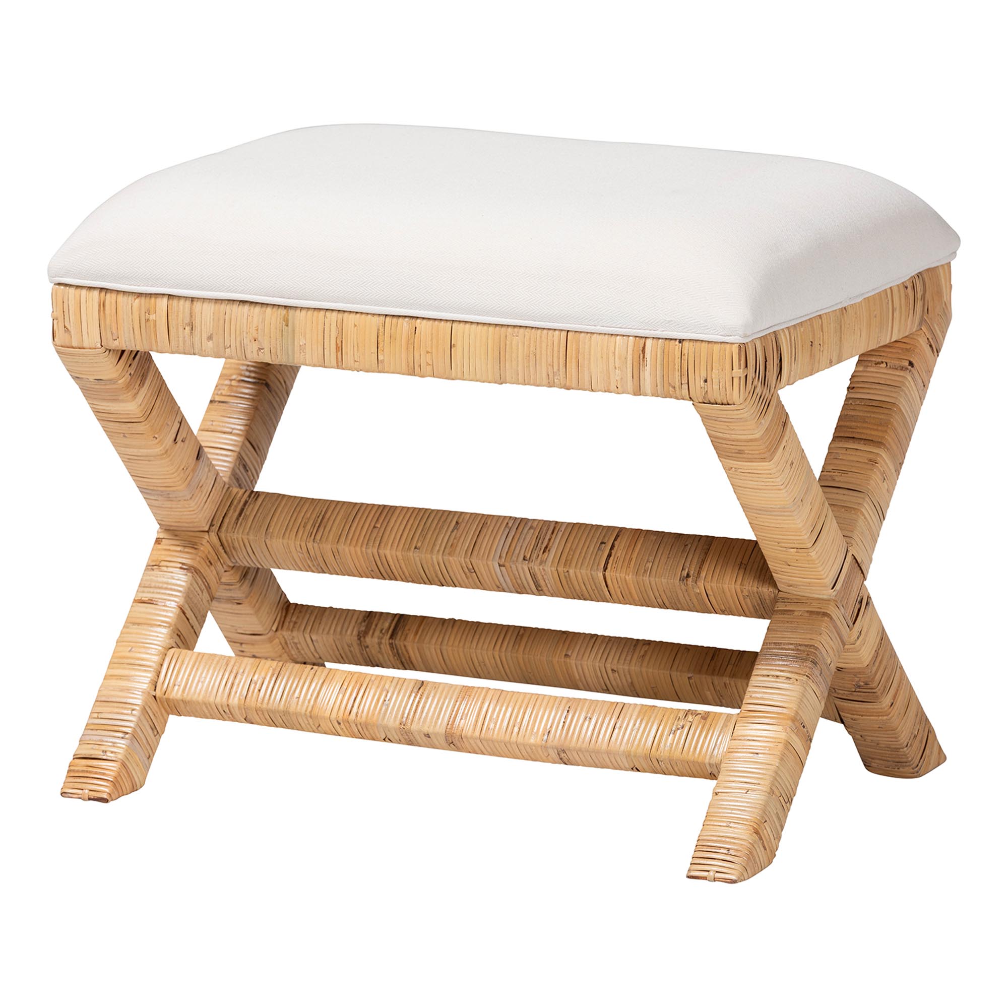 bali & pari Christy Natural Rattan Ottoman - Hand Wrapped Wicker Accent Stool with Cushioned Seat and Crisscross Frame
